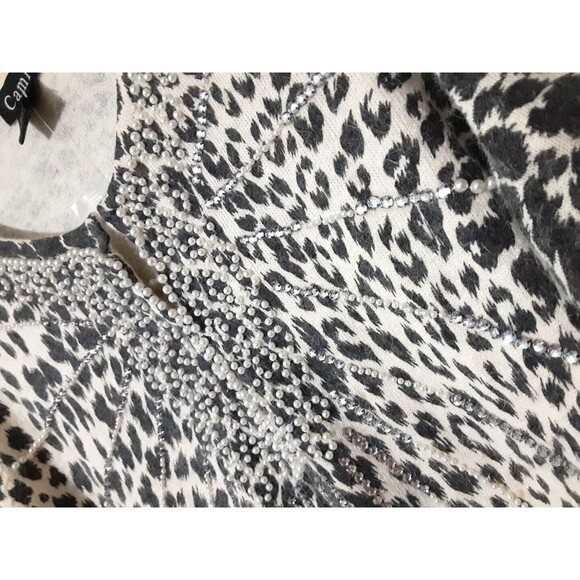 Cami Angora XL Gray Ivory Animal Print Pearl Rhinestone Cardigan Sweater Lg SLV - Picture 4 of 11